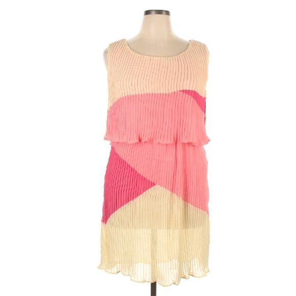 Signature by Sangria, pleated color block flutter dress in salmon, pink & cream - Picture 1 of 3
